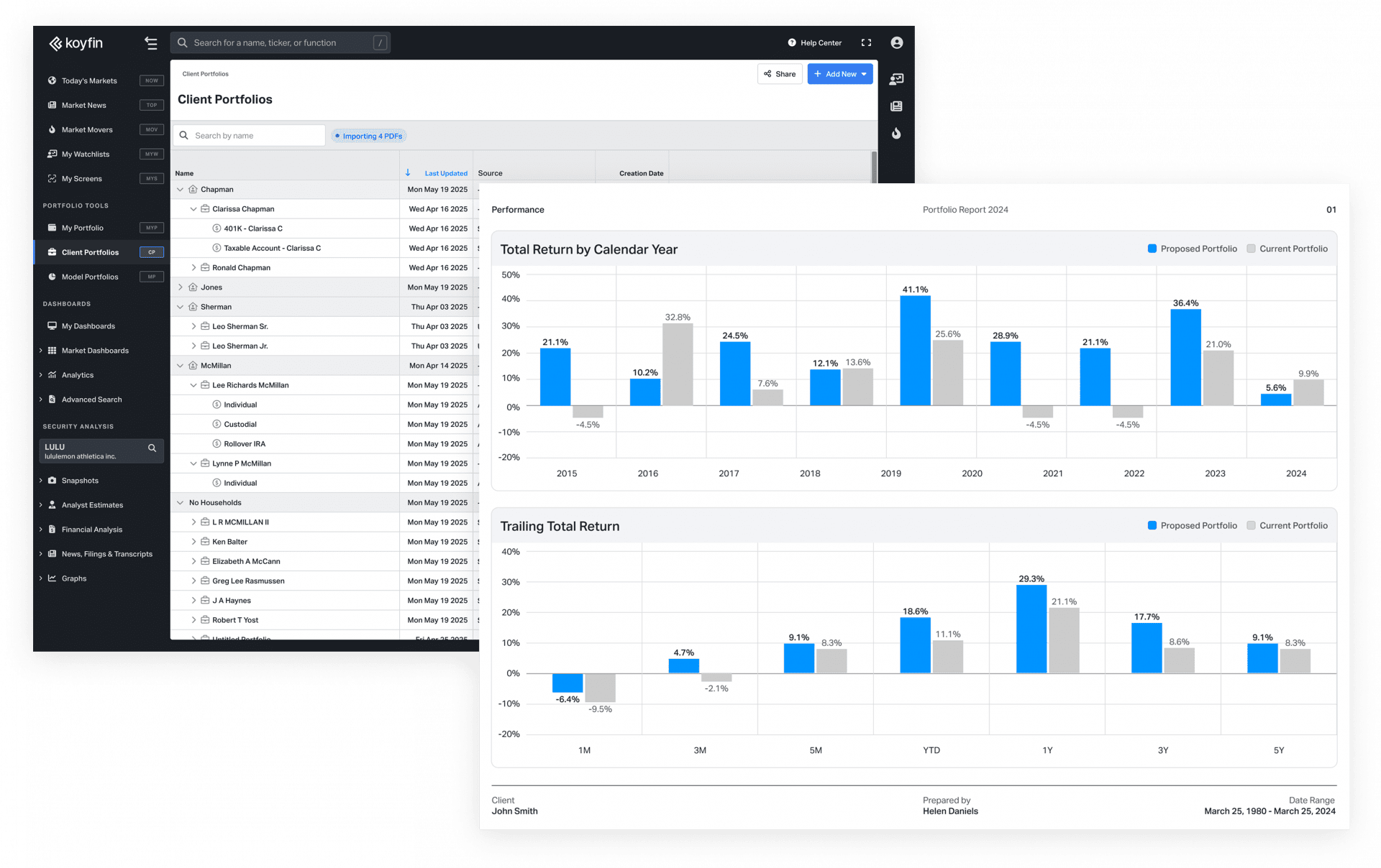 Tools for managing portfolios and proposals on Koyfin