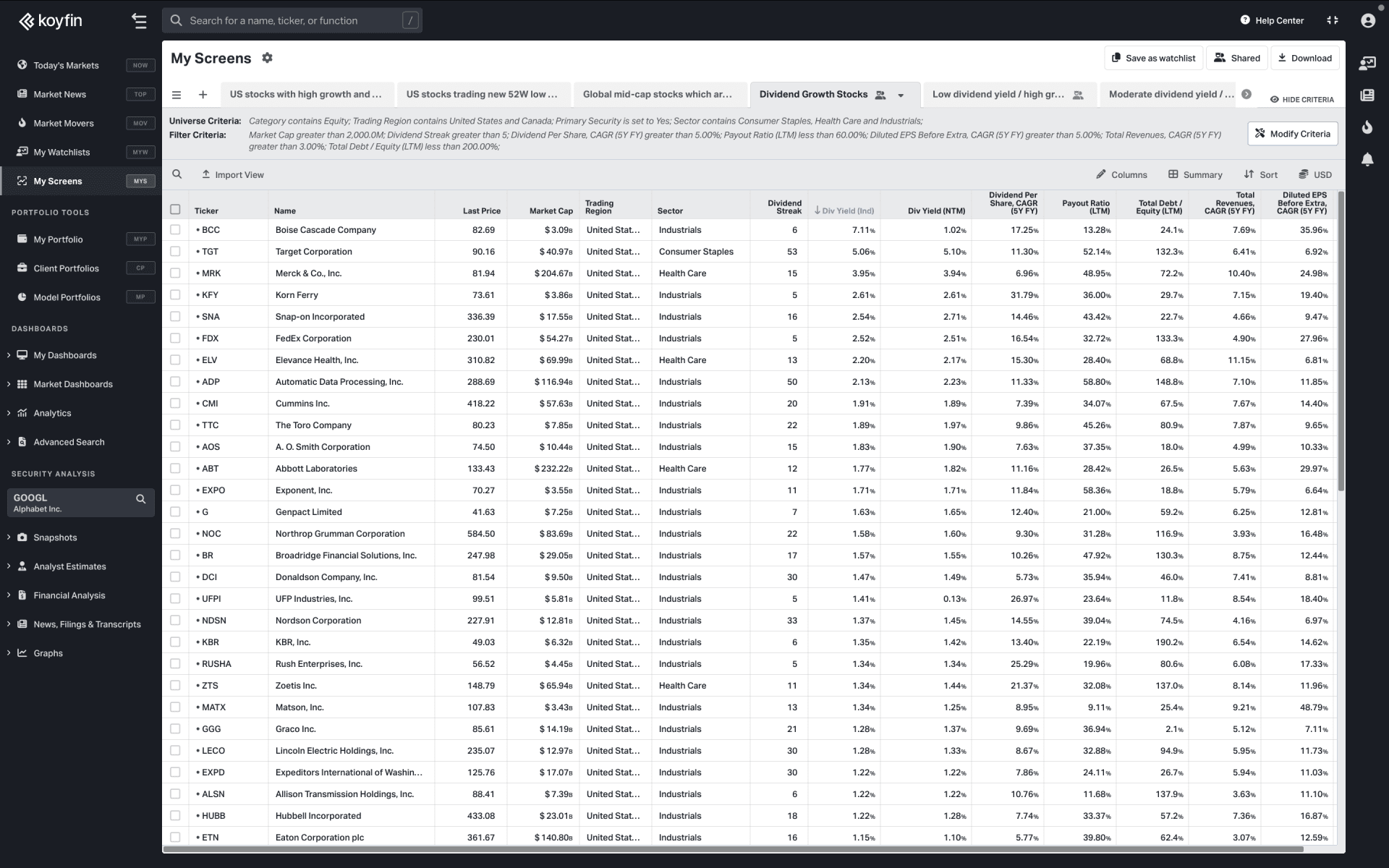 Check out dividend growth stocks on Koyfin
