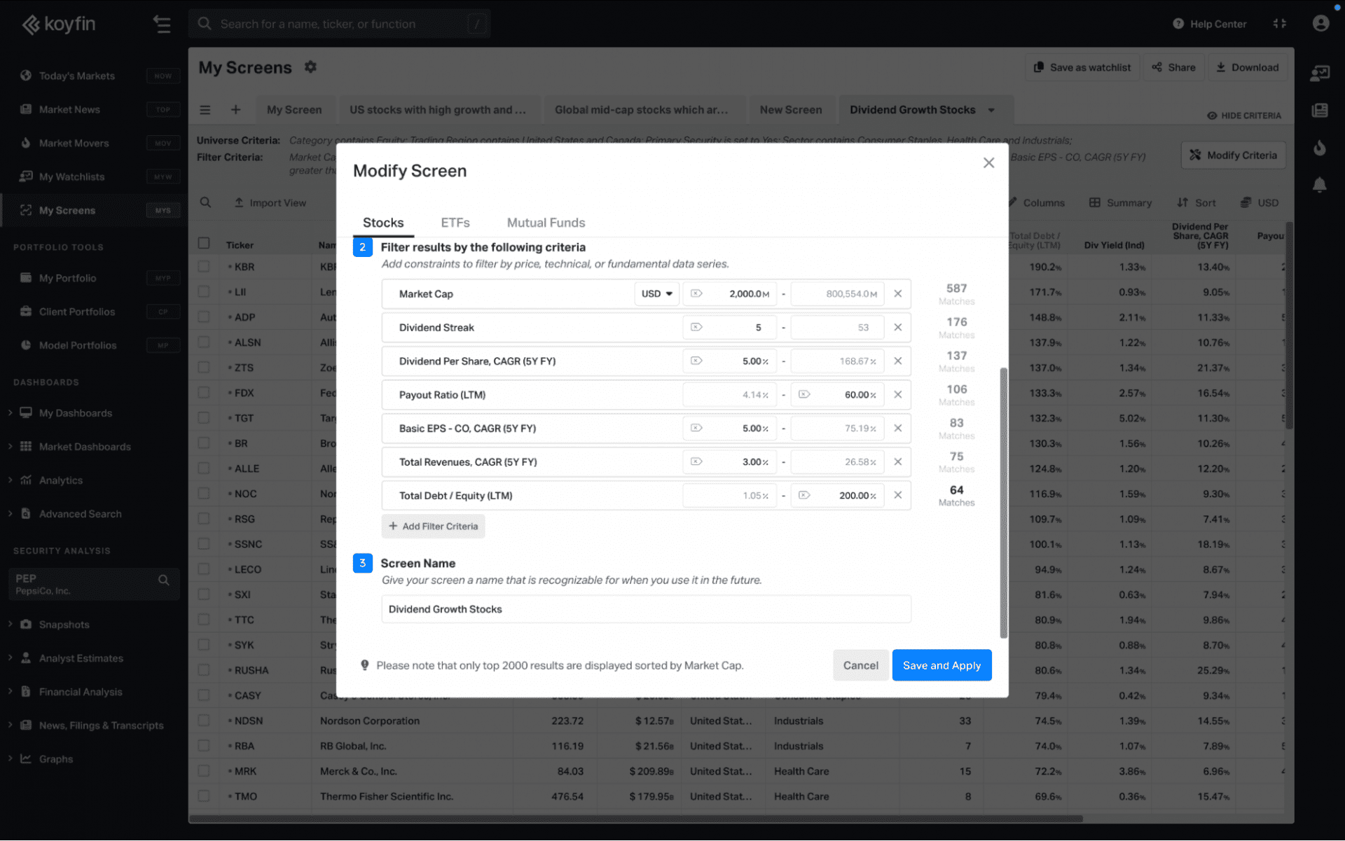 Screen for dividend growth stocks on Koyfin